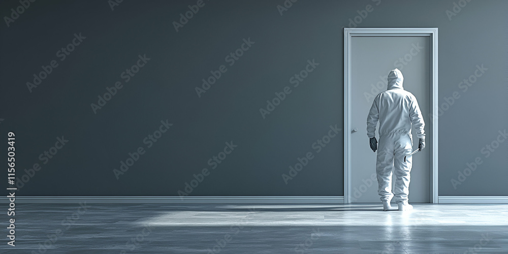 Protective Suit Figure Approaches Door: Entering Room, Holding Crowbar Cautiously, Mystery Atmosphere Protective Suit Figure Approaches Door: Entering Room, Holding Crowbar Cautiously, Mystery Atmosphere