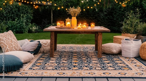 Backyard picnic concept. Cozy outdoor setup with candles, cushions, and a wooden table in a beautiful garden. photo