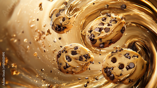A dynamic swirl of chocolate chip cookies in a golden, abstract background.