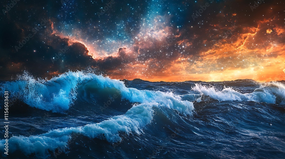 Fototapeta premium Ocean Waves Crashing Under a Vivid, Cosmic Sunset: Digital Painting. AI Generated