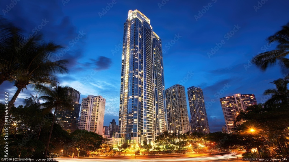 Fototapeta premium Illuminated Skyscraper Amidst Tropical Night Cityscape