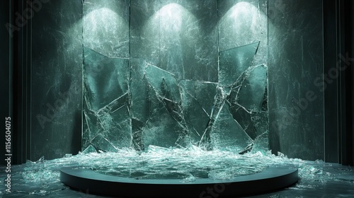 Cracked glass podium with dramatic lighting and scattered glass shards around photo