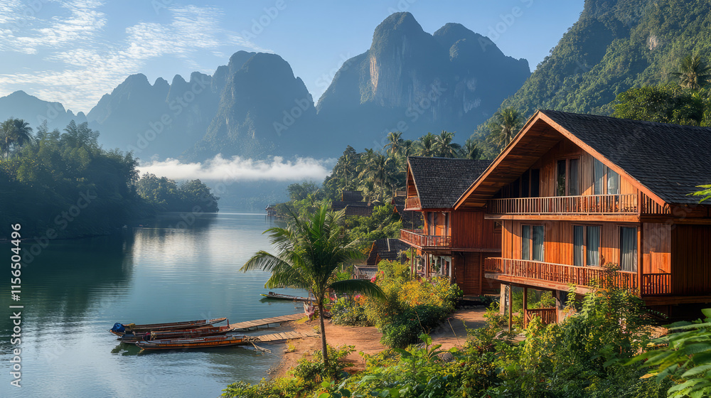 Fototapeta premium serene lakeside wooden retreat surrounded by lush mountains