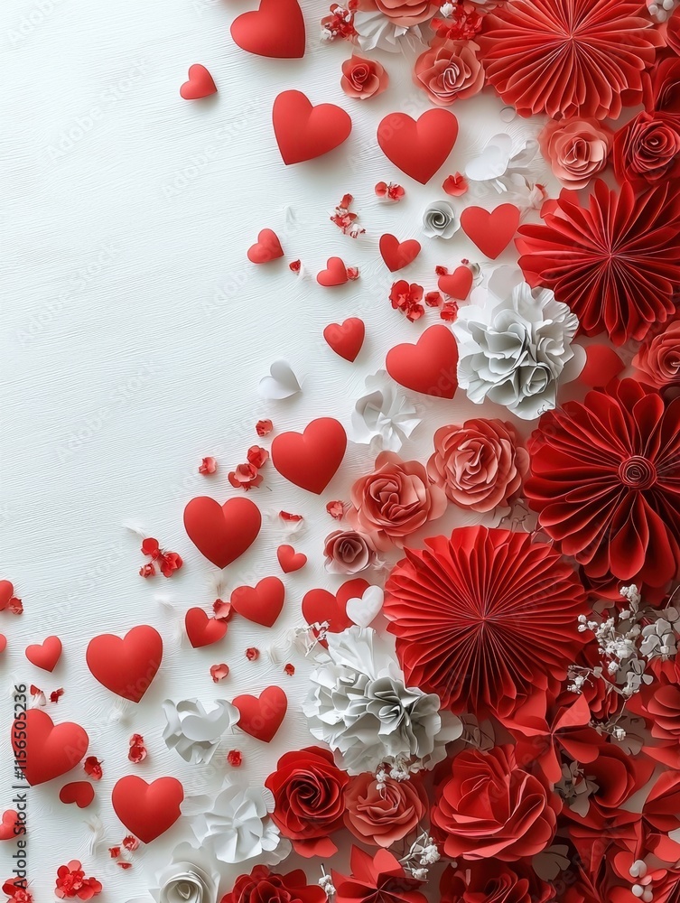 A vibrant arrangement of red hearts and white flowers creates a romantic and festive atmosphere, perfect for celebrations and special occasions. A vibrant arrangement of red hearts and white flowers creates a romantic and festive atmosphere, perfect for celebrations and special occasions.