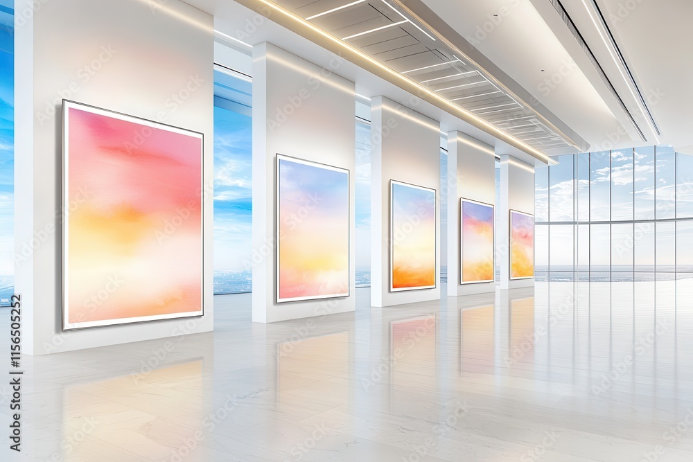 Art exhibition displaying vibrant abstract paintings in modern gallery space Art exhibition displaying vibrant abstract paintings in modern gallery space