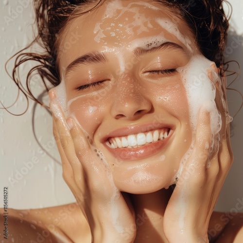 Young woman enjoys a refreshing facial cleansing experience in a bright, sunny bathroom while smiling joyfully