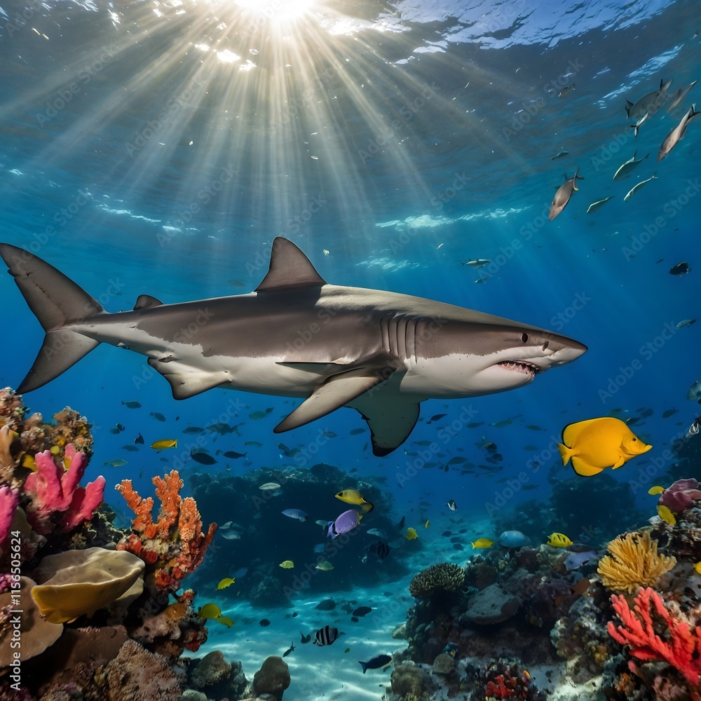 Obraz premium Deep Dive: Dumd Gulpur Shark Exploring a Lush Coral Ecosystem