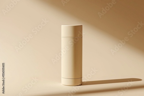 A minimalist, cylindrical container stands on a soft, beige surface, casting a gentle shadow in the warm light. photo