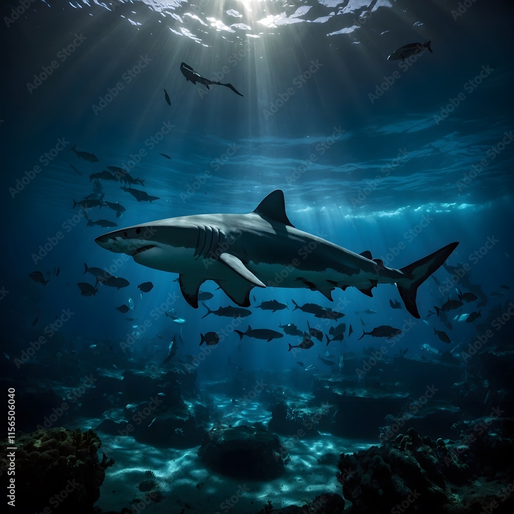 Obraz premium Mysterious Depths: Dumd Gulpur Shark Exploring the Dark Ocean with Bioluminescence