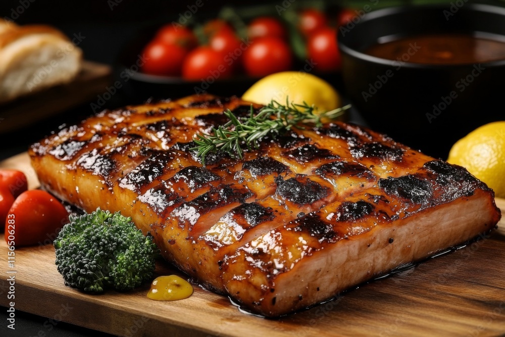 Golden Glazed Ham Slices with Rosemary on Cutting A succulent close-up of Golden Glazed Ham Slices with Rosemary on Cutting A succulent close-up of