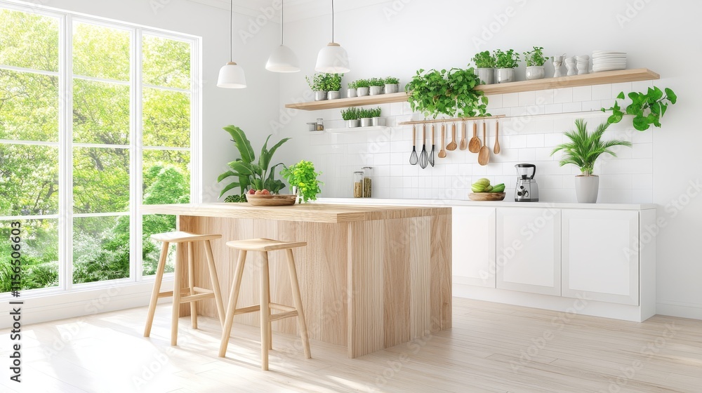 Fototapeta premium Modern Bright Kitchen with Wood Accents and Abundant Greenery, Featuring a Spacious Island, Minimalist Aesthetic, and Natural Light Streaming Through Large Windows