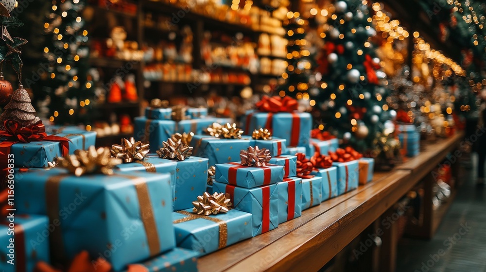 Gift boxes in blue wrapping with red and A festive display of beautifully