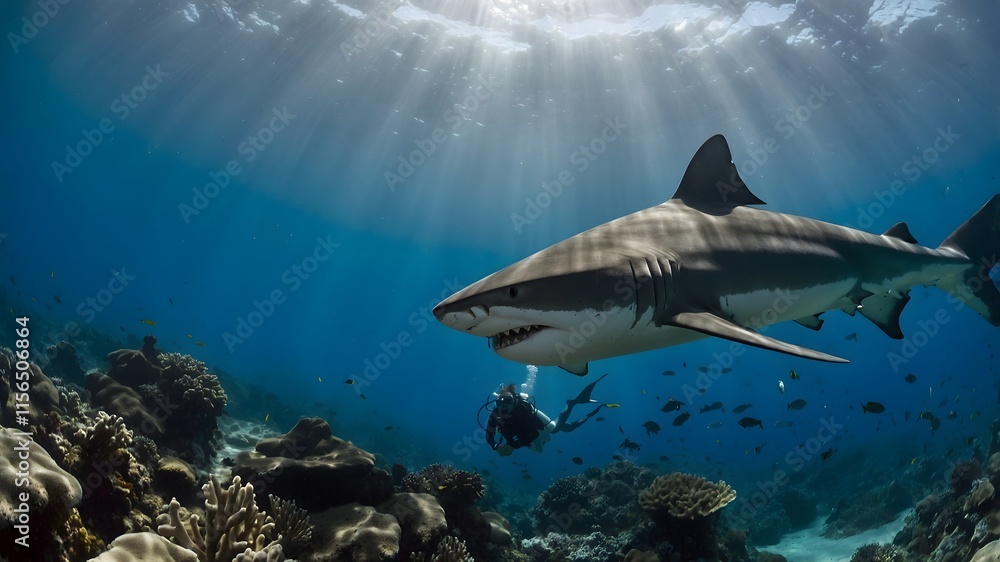 Fototapeta premium Underwater Connection: Diver and Dumd Gulpur Shark Interacting in a Colorful Reef