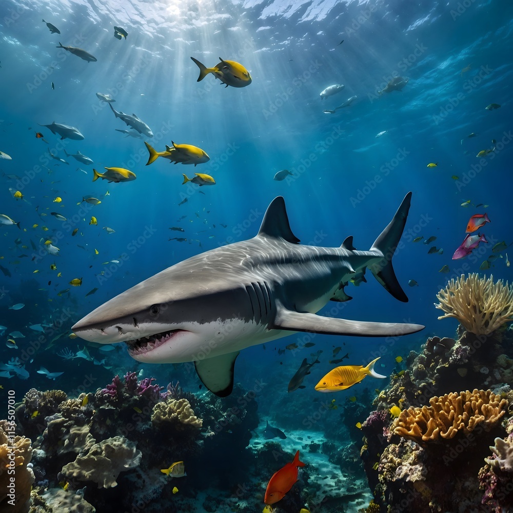 Fototapeta premium Shark in a Dreamscape: Dumd Gulpur Shark Exploring a Legendary Underwater World