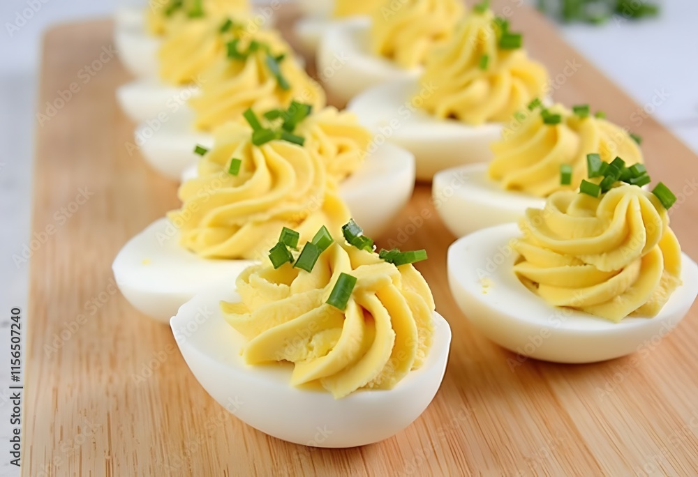Deviled stuffed eggs with egg yolk, bacon, mustard and parsley, close up view
Deviled stuffed eggs with egg yolk, bacon, mustard and parsley, close up view