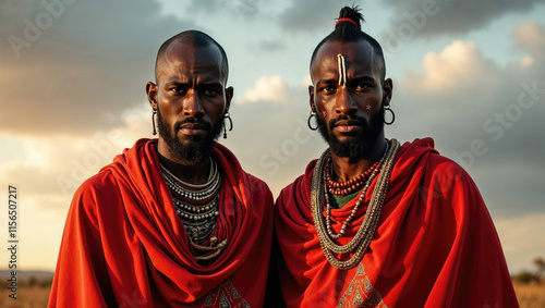 Maasai warriors in the vast African savannah.Dressed in bright red shukas and adorned with traditional beaded jewelry,they represent the unity,strength and rich cultural heritage of the Maasai people photo