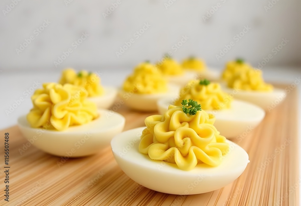 Deviled stuffed eggs with egg yolk, bacon, mustard and parsley, close up view
Deviled stuffed eggs with egg yolk, bacon, mustard and parsley, close up view