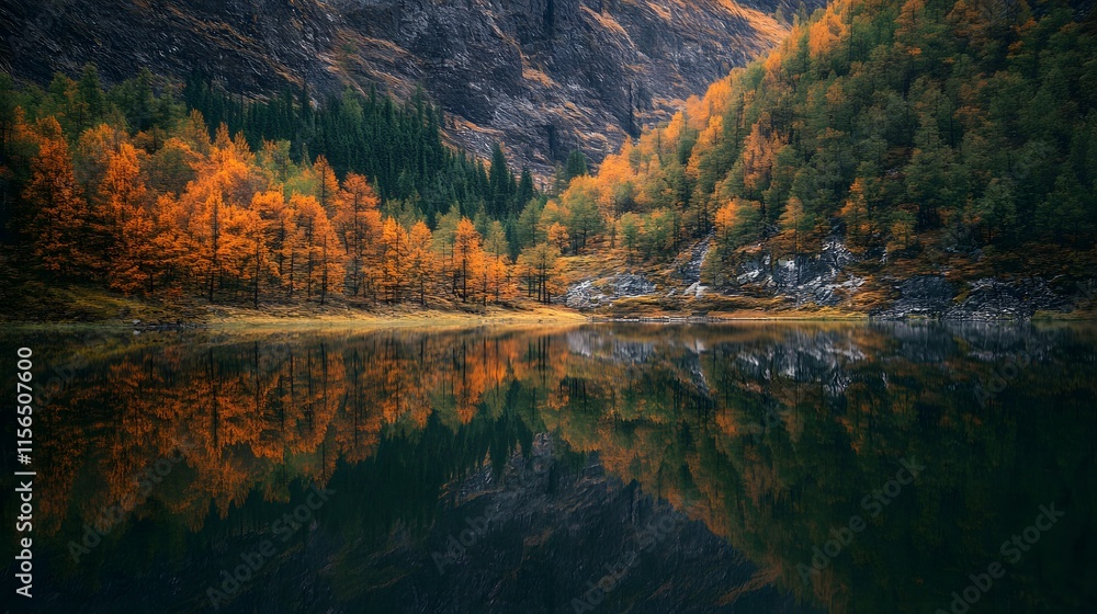 Fototapeta premium Autumnal Forest Reflecting in Calm Lake Water