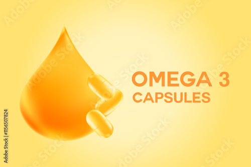 Glowing gold oil drop with 3D soft gel capsules, healthy nutrition, supplement background with copy space. Omega 3, fish oil, vitamin D3, vitamin E, essential extract, ocean krill oil illustration.