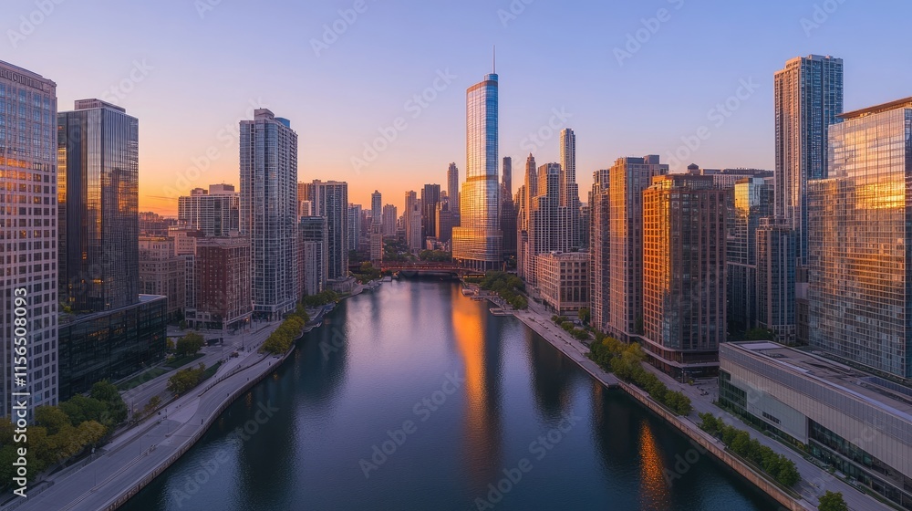 Fototapeta premium Chicago Skyline Sunrise River Reflection Cityscape