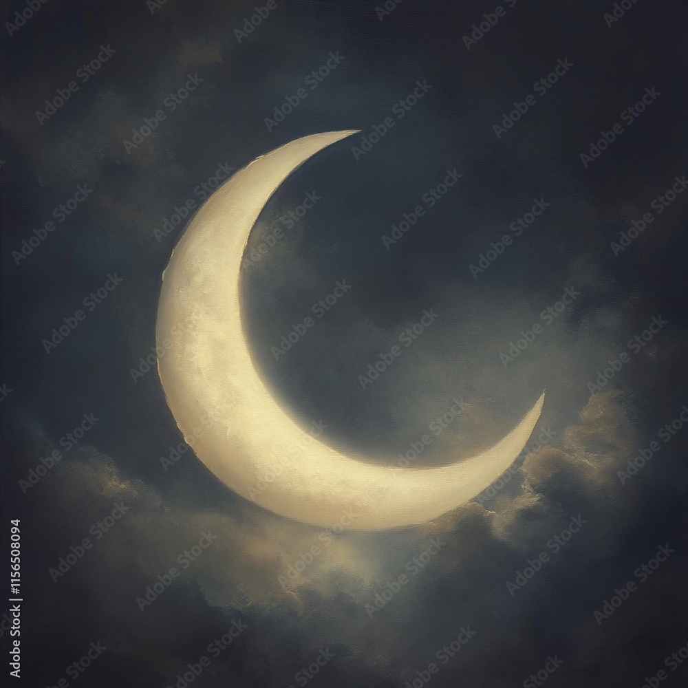 Crescent moon in a dark, cloudy night sky. Crescent moon in a dark, cloudy night sky.