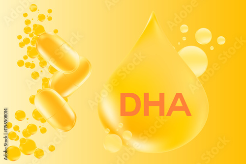 3D omega 3 fish oil soft gel capsules, essential fatty acid bubbles banner. Glowing golden oil drop with copy space. Healthy nutrition vitamin D3, ocean krill oil DHA, EPA supplements background.