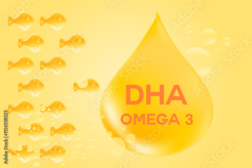 3D omega 3 fish oil soft gel capsules in a shape of fish gummies. Glowing golden oil drop with copy space. Healthy nutrition vitamin D3, ocean krill oil DHA, EPA supplements background.