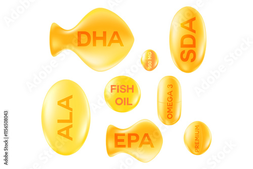 Cute 3D soft gel capsule set isolated, transparent background. Glowing yellow gold texture omega 3, DHA, ALA, EPA, fish oil, SDA icon in various shapes. Vector supplement illustration.