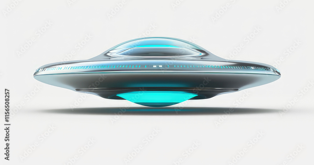 A futuristic, hovering UFO with a sleek design and glowing elements. isolated on white background A futuristic, hovering UFO with a sleek design and glowing elements. isolated on white background