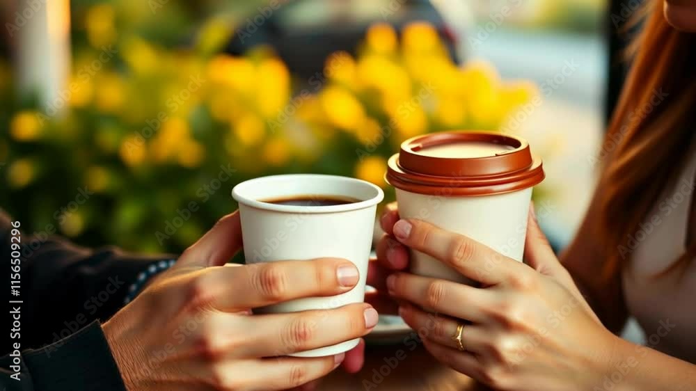 two hands, each holding a paper cup with a lid, probably with a hot drink. two hands, each holding a paper cup with a lid, probably with a hot drink.