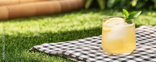 Backyard picnic concept. Refreshing lemonade in a glass with ice and mint, perfect for outdoor relaxation. photo