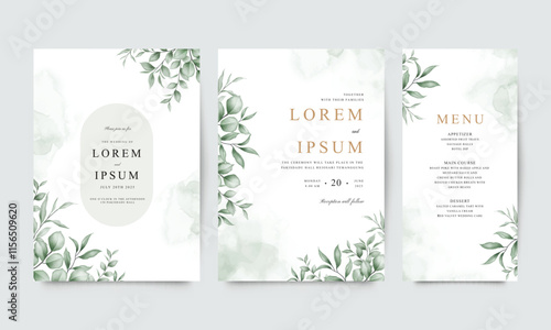 Beautiful wedding invitation card set arranged green plants