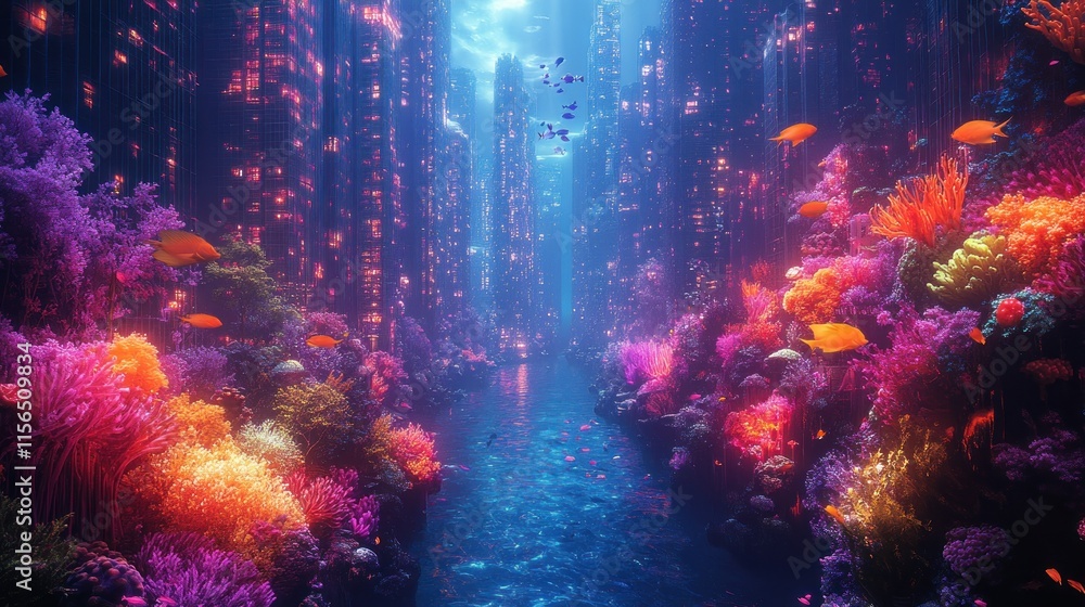 Obraz premium A vibrant underwater scene with colorful corals and fish amidst glowing city structures.