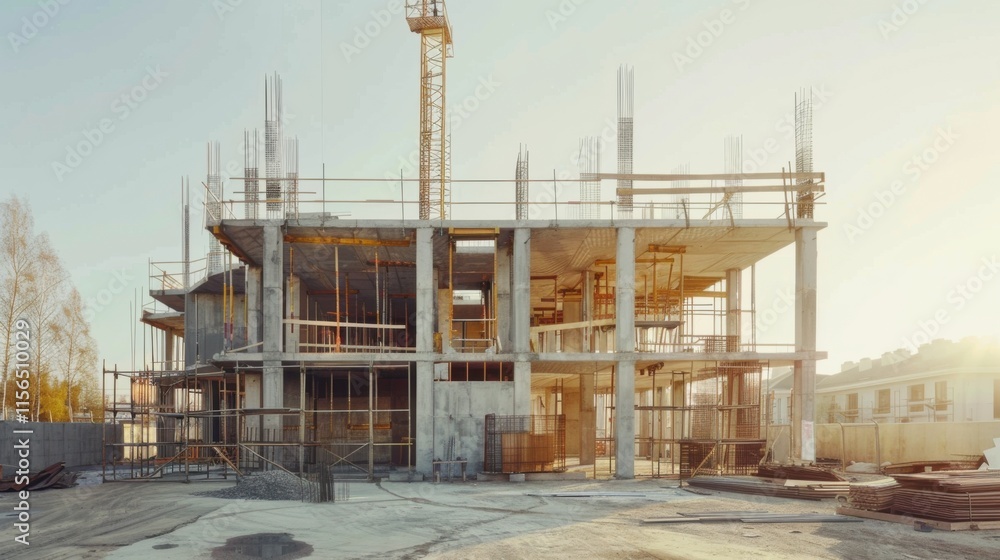 A deserted construction site featuring a partially built concrete structure, with exposed beams and scaffolding, set against a clear sky, emphasizing industrial progress A deserted construction site featuring a partially built concrete structure, with exposed beams and scaffolding, set against a clear sky, emphasizing industrial progress