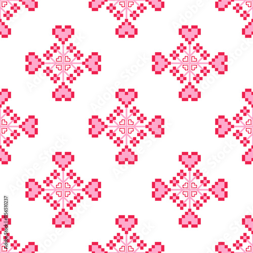 Cute pink flower heart ethnic seamless pattern.Cross Stitch embroidery.Abstract geometric pixel ethnic.Lovely romantic folk for love,Mother's Day,Valentine, wedding,birthday,textiles,surface design.