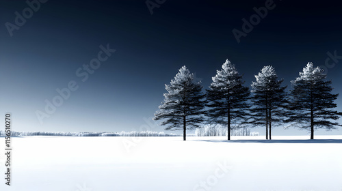 Wallpaper Mural Winter's Embrace, Four Frosty Pines Stand Tall Against a Deep Blue Sky, Snow Blankets the Ground Serene and Still Torontodigital.ca
