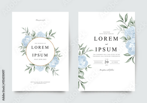 Dusty blue roses green leaves on the wedding invitation template