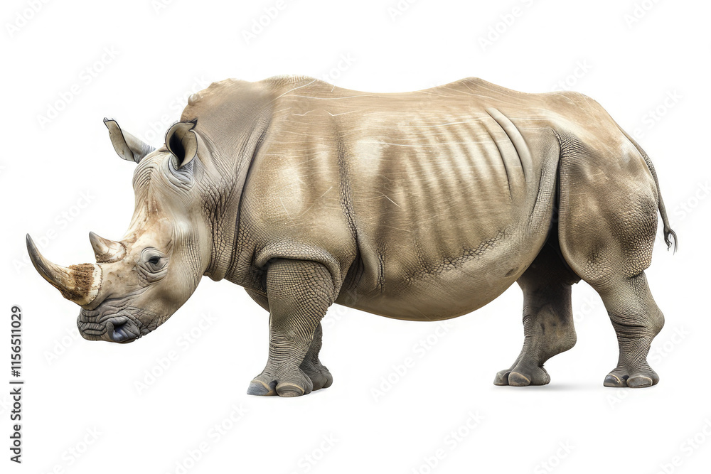 A realistic depiction of a rhinoceros showcasing its unique features and anatomy. isolated on white background