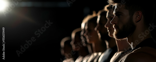 Silhouette of Men in a Row, Waiting Intently, Hopeful and Determined, Team Unity Displayed
