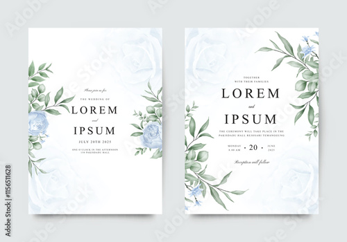 Elegant template wedding invitation cards are arranged with blue roses with green leaves