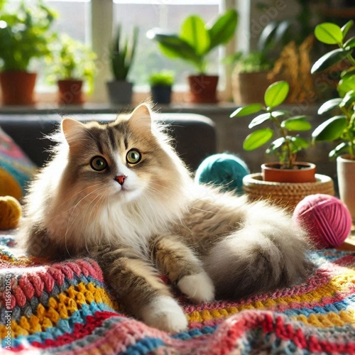 A cute long-haired cat sitting on a colorful, knitted blanket in a cozy indoor setting. Surrounding the cat are various potted plants and yarn balls, contributing to a warm and inviting atmosphere. photo