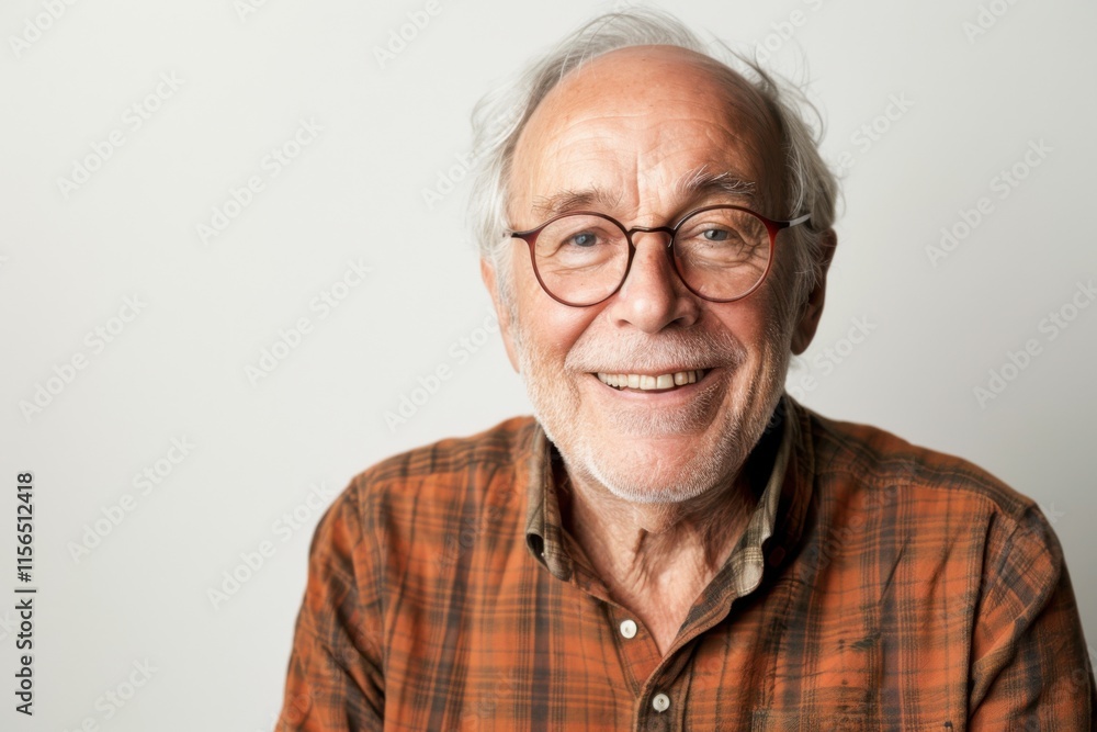 A happy older man wearing modern glasses, his warm and radiant smile enhancing the simplicity of the white background A happy older man wearing modern glasses, his warm and radiant smile enhancing the simplicity of the white background