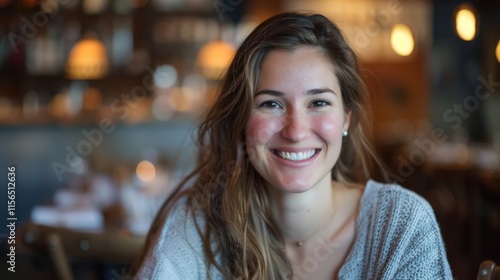 Wallpaper Mural A happy, smiling woman enjoying a delicious meal in a cozy restaurant, her cheerful expression highlighting the joy of dining out, with a beautifully set table in the background Torontodigital.ca