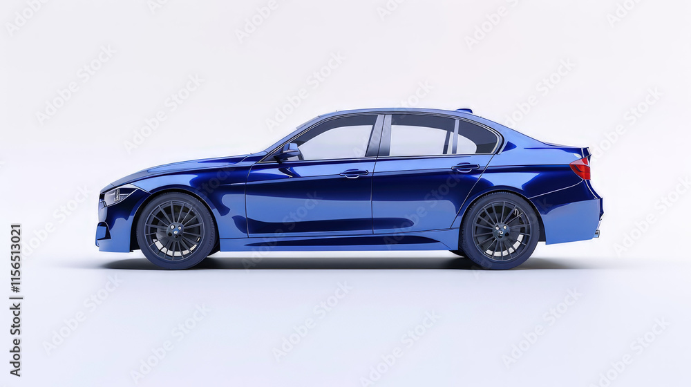 A sleek blue car rendered in 3D, showcasing its side profile and modern design. isolated on white background A sleek blue car rendered in 3D, showcasing its side profile and modern design. isolated on white background