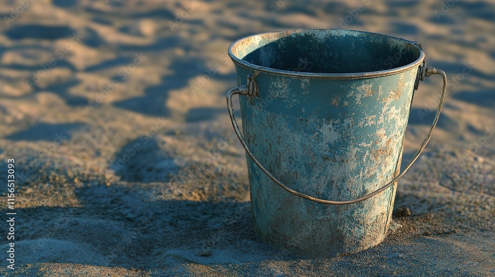 Rusty Bucket on Sandy Beach: A Coastal Still Life Rusty Bucket on Sandy Beach: A Coastal Still Life