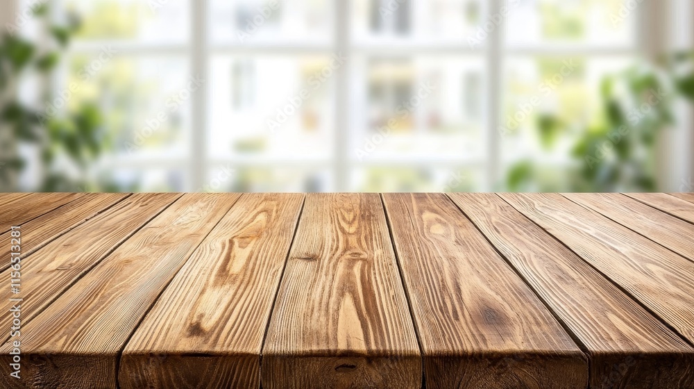 Rustic Wooden Table Surface with Blurred Background of a Bright and Airy Indoor Space Surrounded by Lush Green Plants for Design and Decor Concepts Rustic Wooden Table Surface with Blurred Background of a Bright and Airy Indoor Space Surrounded by Lush Green Plants for Design and Decor Concepts