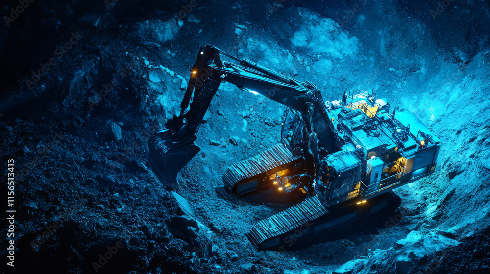 Excavator glowing blue particles. The excavator bucket is gaining ground Excavator glowing blue particles. The excavator bucket is gaining ground