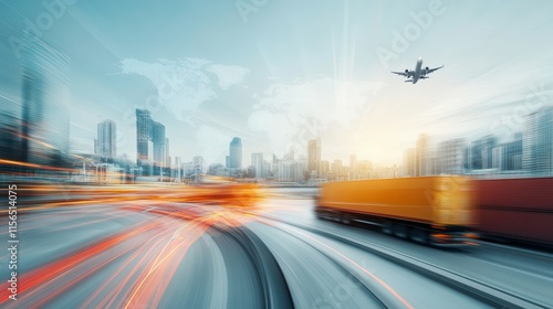 Dynamic urban landscape showcasing blurred motion of a truck on a roadway with a plane flying overhead against a backdrop of tall buildings and a world map in the sky