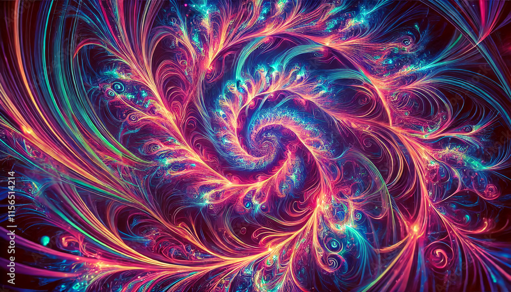 An abstract wallpaper with fractal patterns in vivid neon hues, creating a mesmerizing and dynamic visual experience. An abstract wallpaper with fractal patterns in vivid neon hues, creating a mesmerizing and dynamic visual experience.