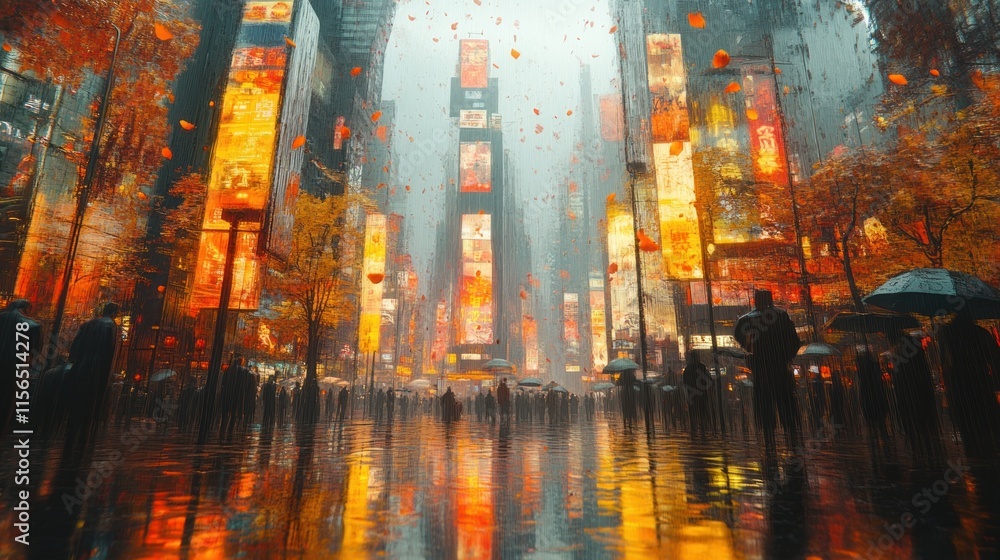 A vibrant urban scene with illuminated billboards and people under umbrellas in a rainy setting. A vibrant urban scene with illuminated billboards and people under umbrellas in a rainy setting.